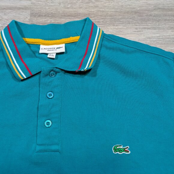 Lacoste Men's 2XL XXL Polo Shirt Turquoise Blue Contrast Yellow Red White - Picture 3 of 7